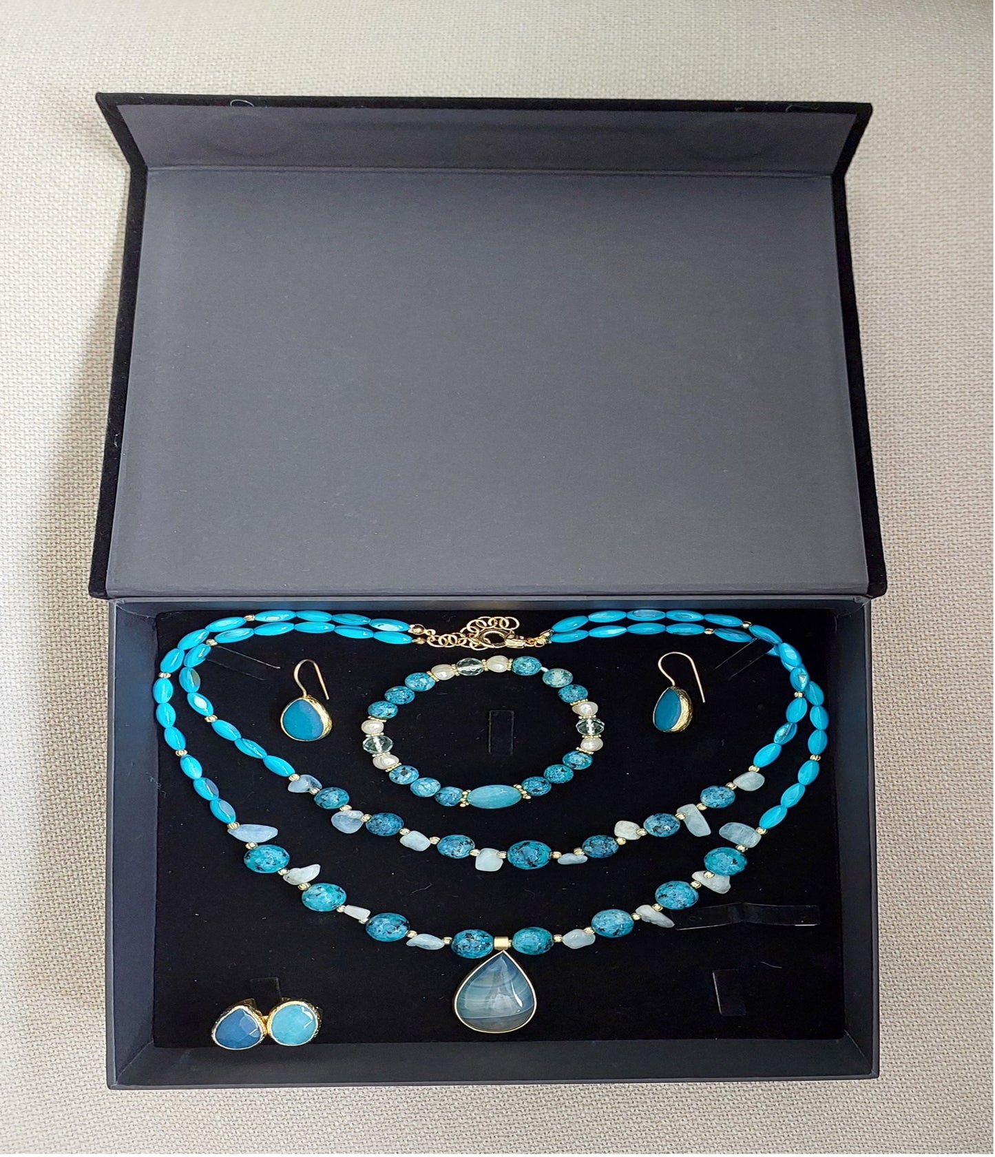 Jewelry Set Double layer Necklace Bracelet Ring Earrings Handmade Gemstones Blue Apatite Stones Great for Gifts 4 pieces