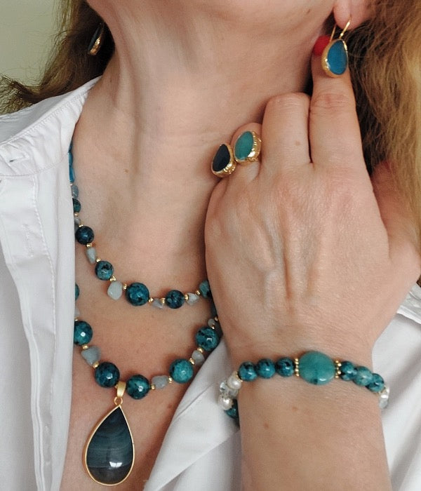 Jewelry Set Double layer Necklace Bracelet Ring Earrings Handmade Gemstones Blue Apatite Stones Great for Gifts 4 pieces