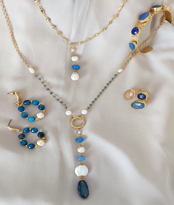 Jewelry Set Long Double Layered Necklace Bracelet Ring Earrings Handmade Gemstones Blue Apatite Stones and Pearls Great for Gifts 4 pieces