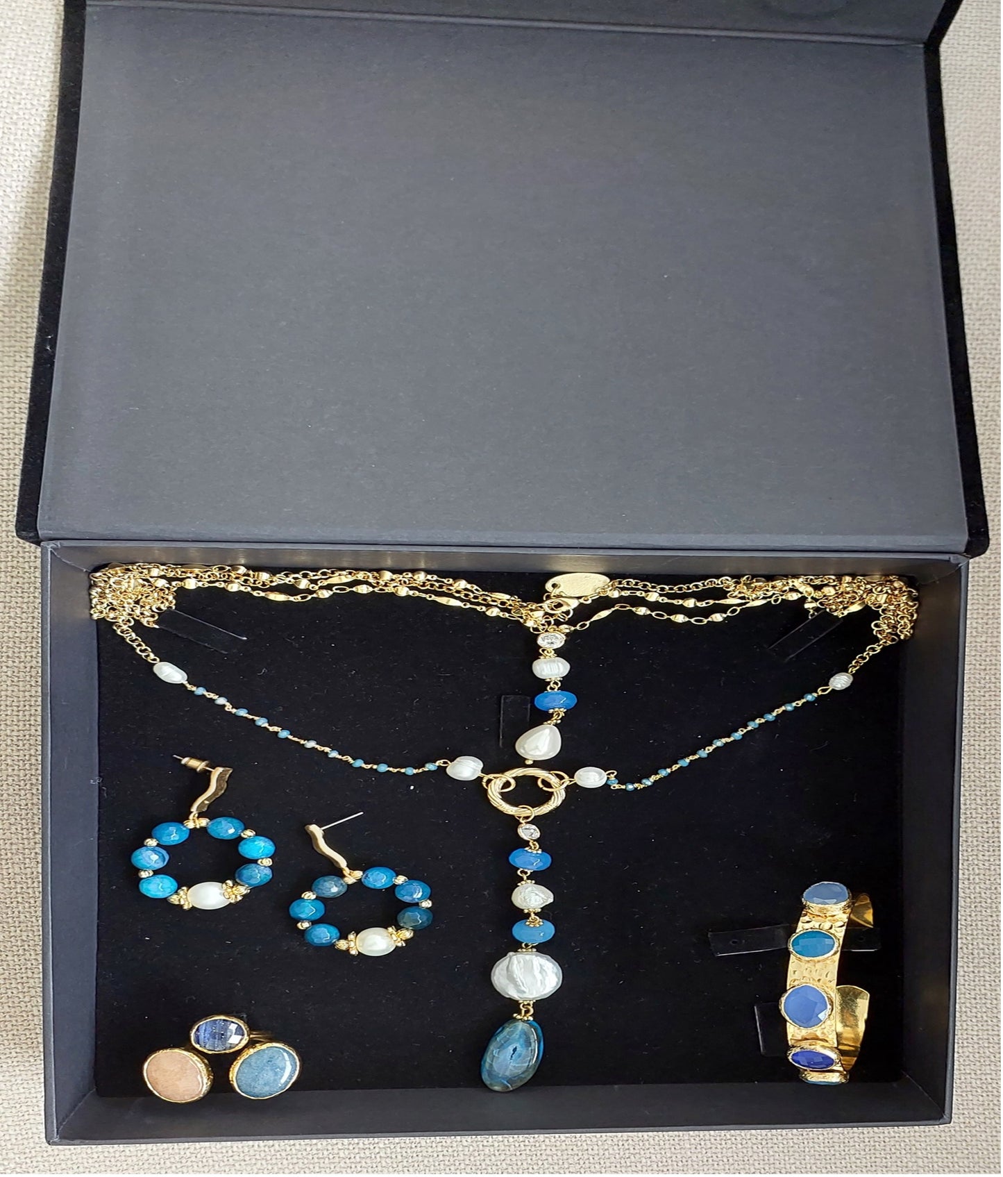 Jewelry Set Long Double Layered Necklace Bracelet Ring Earrings Handmade Gemstones Blue Apatite Stones and Pearls Great for Gifts 4 pieces