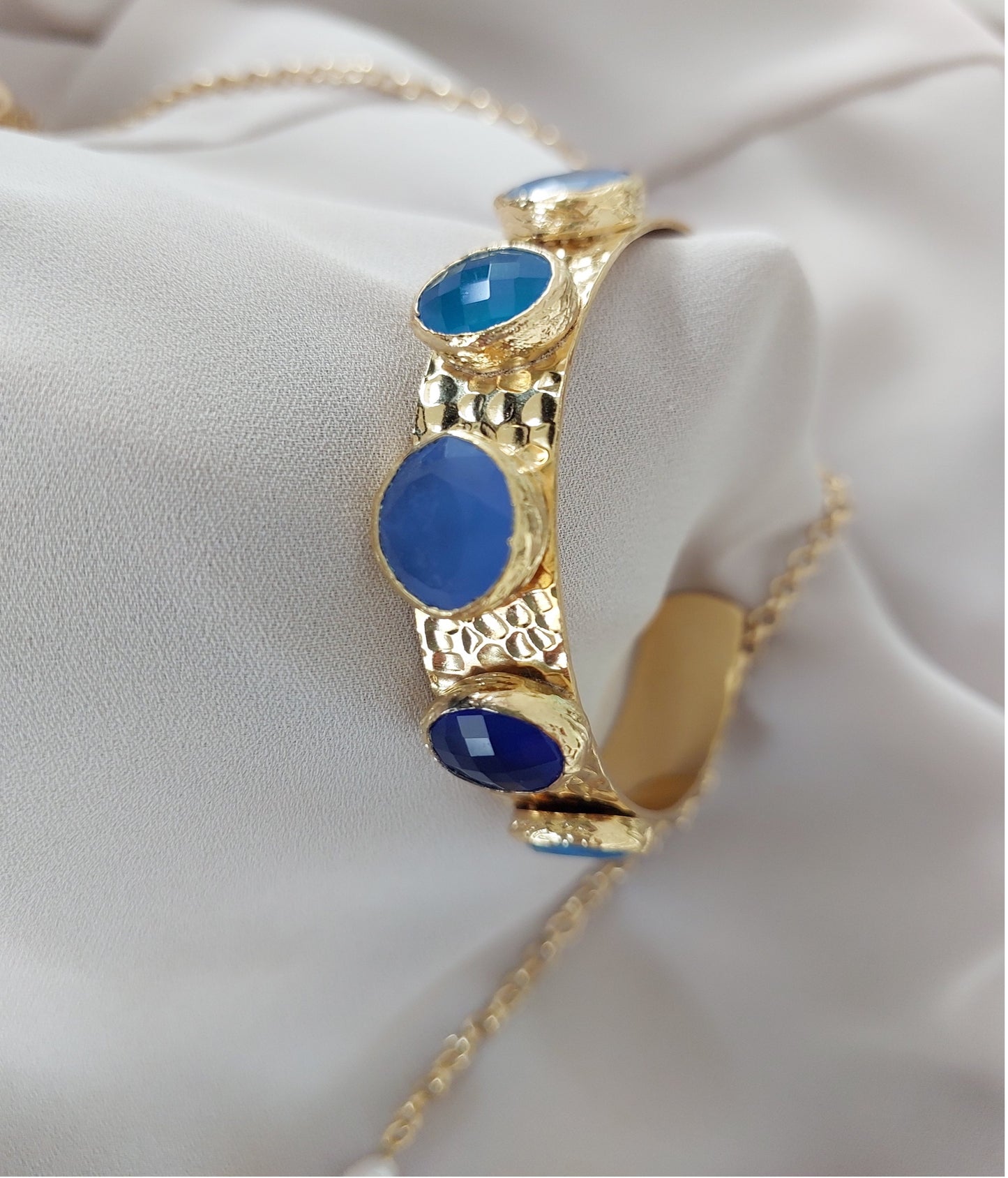 Jewelry Set Long Double Layered Necklace Bracelet Ring Earrings Handmade Gemstones Blue Apatite Stones and Pearls Great for Gifts 4 pieces