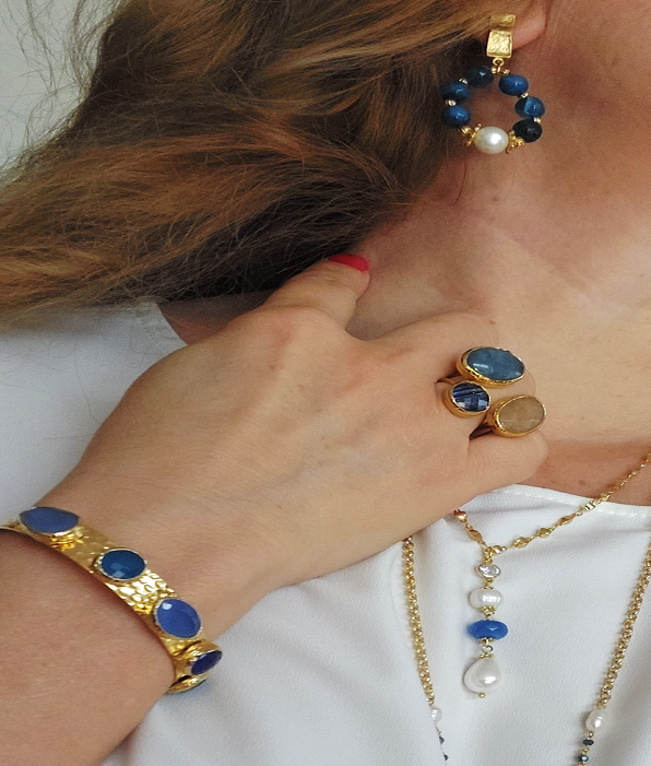 Jewelry Set Long Double Layered Necklace Bracelet Ring Earrings Handmade Gemstones Blue Apatite Stones and Pearls Great for Gifts 4 pieces
