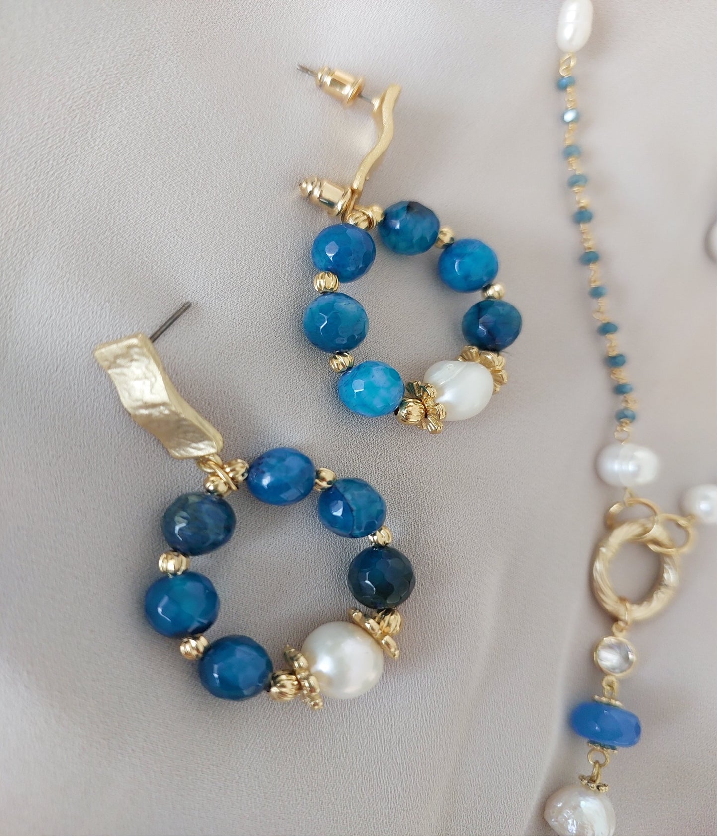 Jewelry Set Long Double Layered Necklace Bracelet Ring Earrings Handmade Gemstones Blue Apatite Stones and Pearls Great for Gifts 4 pieces