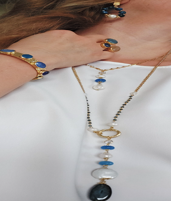 Jewelry Set Long Double Layered Necklace Bracelet Ring Earrings Handmade Gemstones Blue Apatite Stones and Pearls Great for Gifts 4 pieces