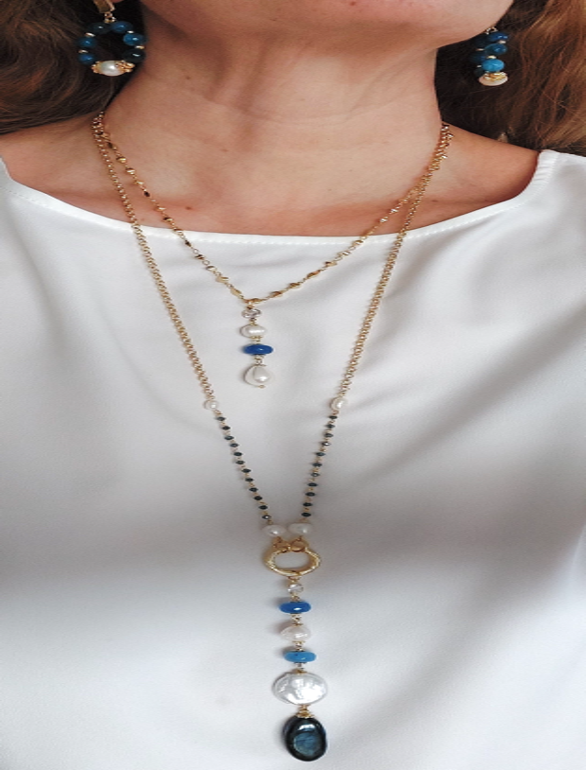 Jewelry Set Long Double Layered Necklace Bracelet Ring Earrings Handmade Gemstones Blue Apatite Stones and Pearls Great for Gifts 4 pieces