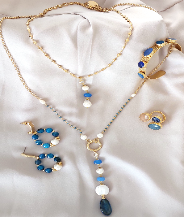 Jewelry Set Long Double Layered Necklace Bracelet Ring Earrings Handmade Gemstones Blue Apatite Stones and Pearls Great for Gifts 4 pieces
