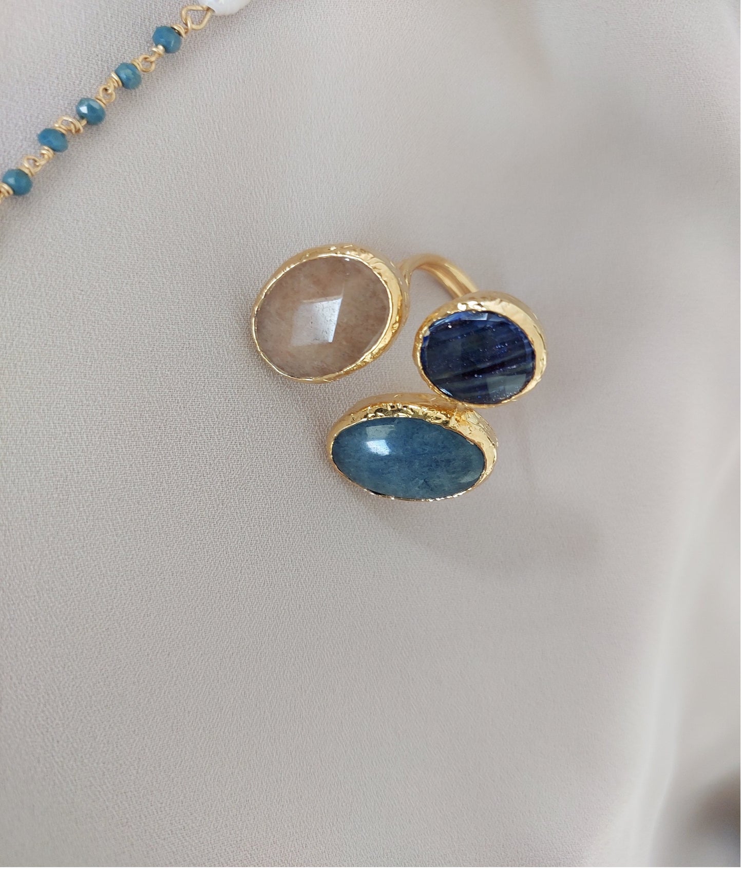 Jewelry Set Long Double Layered Necklace Bracelet Ring Earrings Handmade Gemstones Blue Apatite Stones and Pearls Great for Gifts 4 pieces