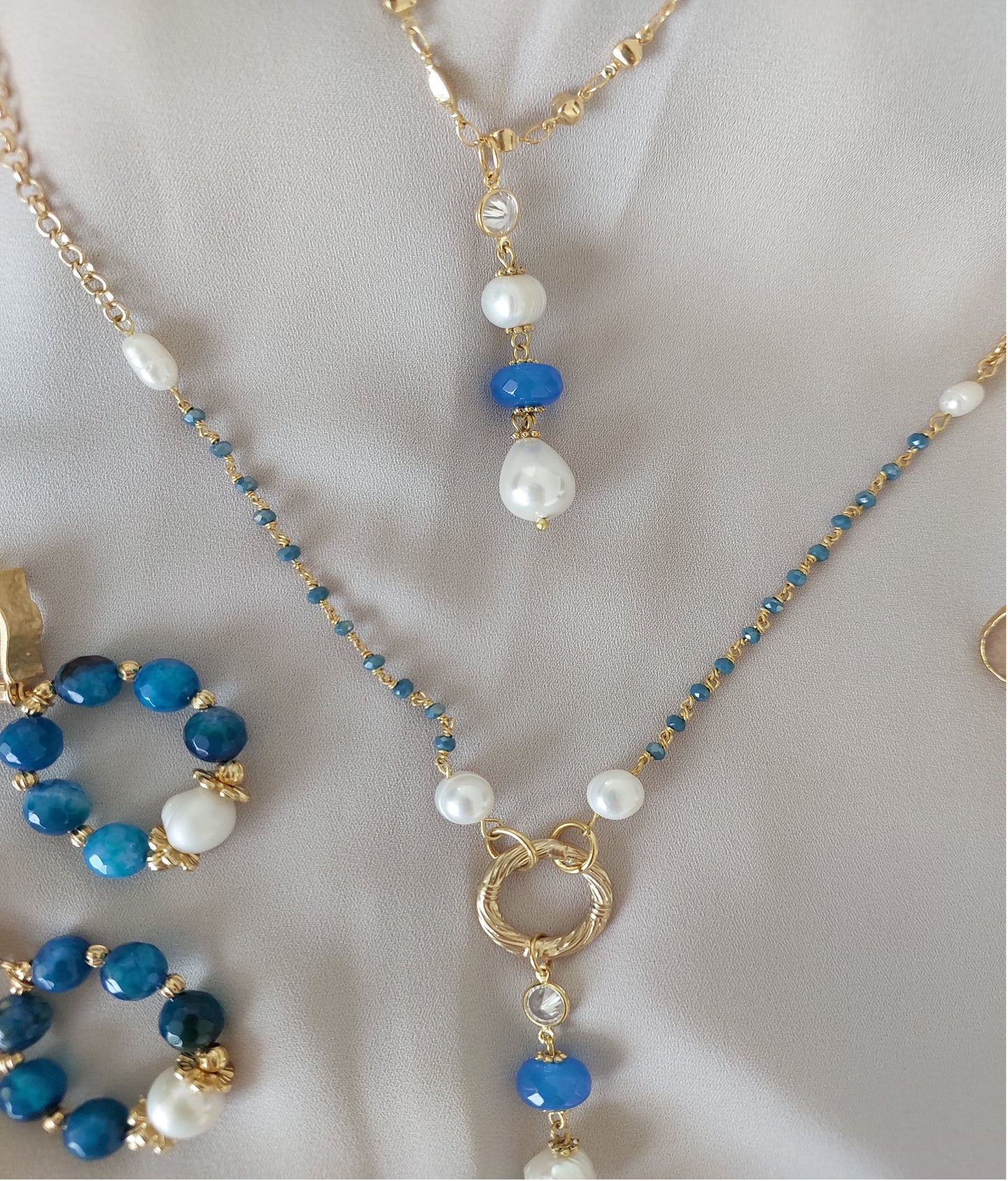 Jewelry Set Long Double Layered Necklace Bracelet Ring Earrings Handmade Gemstones Blue Apatite Stones and Pearls Great for Gifts 4 pieces