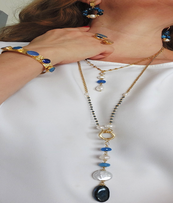 Jewelry Set Long Double Layered Necklace Bracelet Ring Earrings Handmade Gemstones Blue Apatite Stones and Pearls Great for Gifts 4 pieces