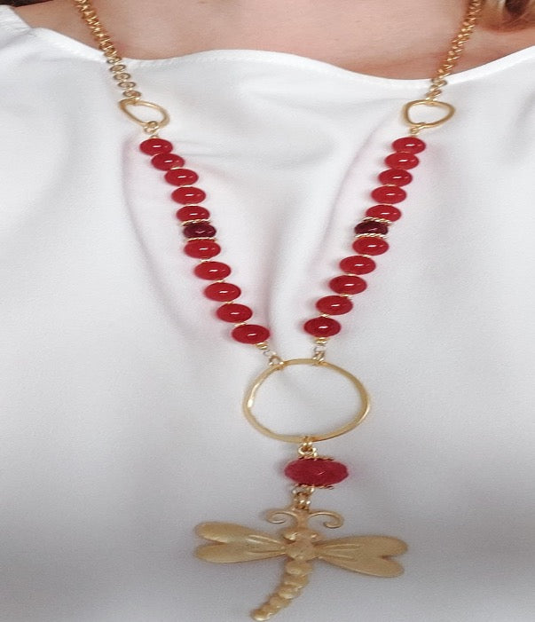 Jewelry Set Long Necklace Bracelet Ring Earrings Handmade Gemstones Red Onyx Stones Great for Gifts 4 pieces