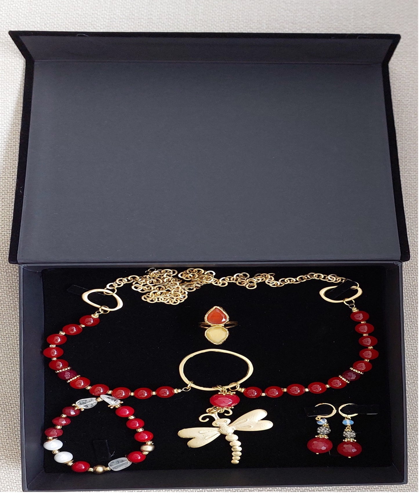 Jewelry Set Long Necklace Bracelet Ring Earrings Handmade Gemstones Red Onyx Stones Great for Gifts 4 pieces