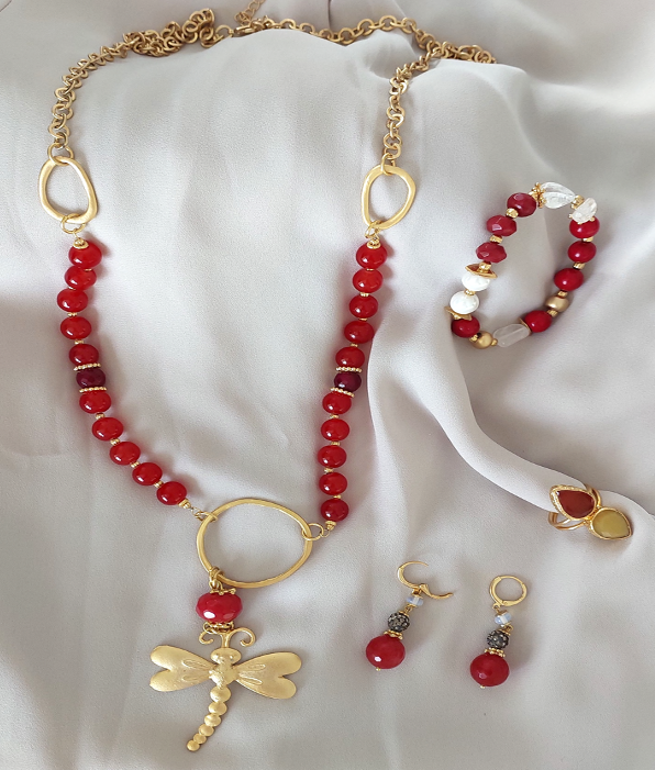 Jewelry Set Long Necklace Bracelet Ring Earrings Handmade Gemstones Red Onyx Stones Great for Gifts 4 pieces