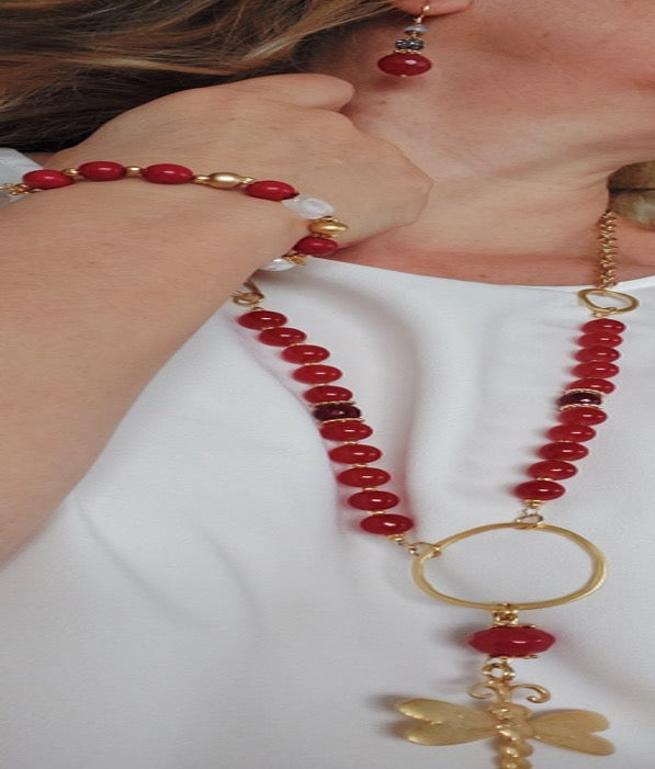 Jewelry Set Long Necklace Bracelet Ring Earrings Handmade Gemstones Red Onyx Stones Great for Gifts 4 pieces