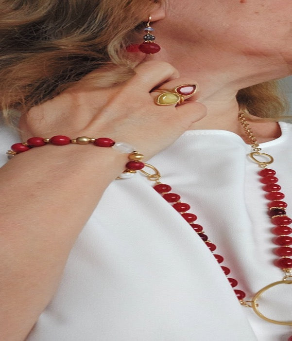 Jewelry Set Long Necklace Bracelet Ring Earrings Handmade Gemstones Red Onyx Stones Great for Gifts 4 pieces