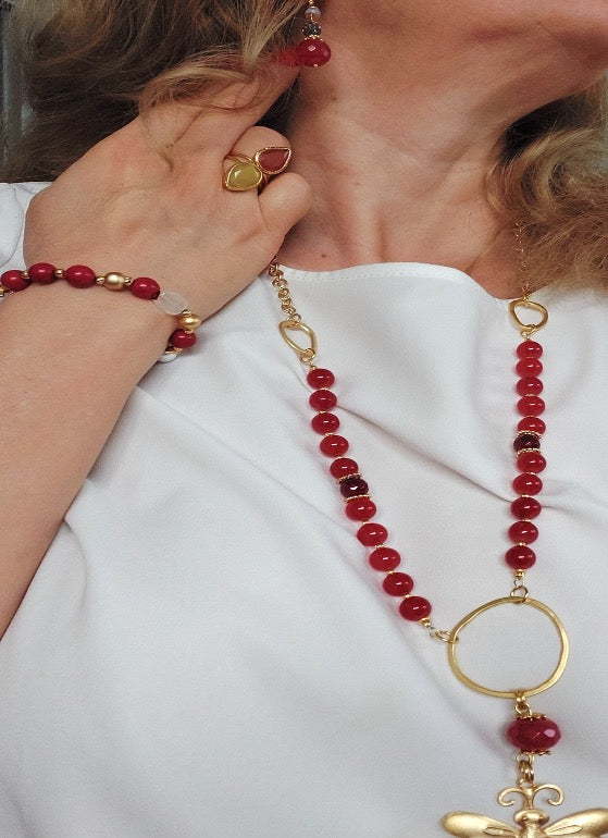 Jewelry Set Long Necklace Bracelet Ring Earrings Handmade Gemstones Red Onyx Stones Great for Gifts 4 pieces