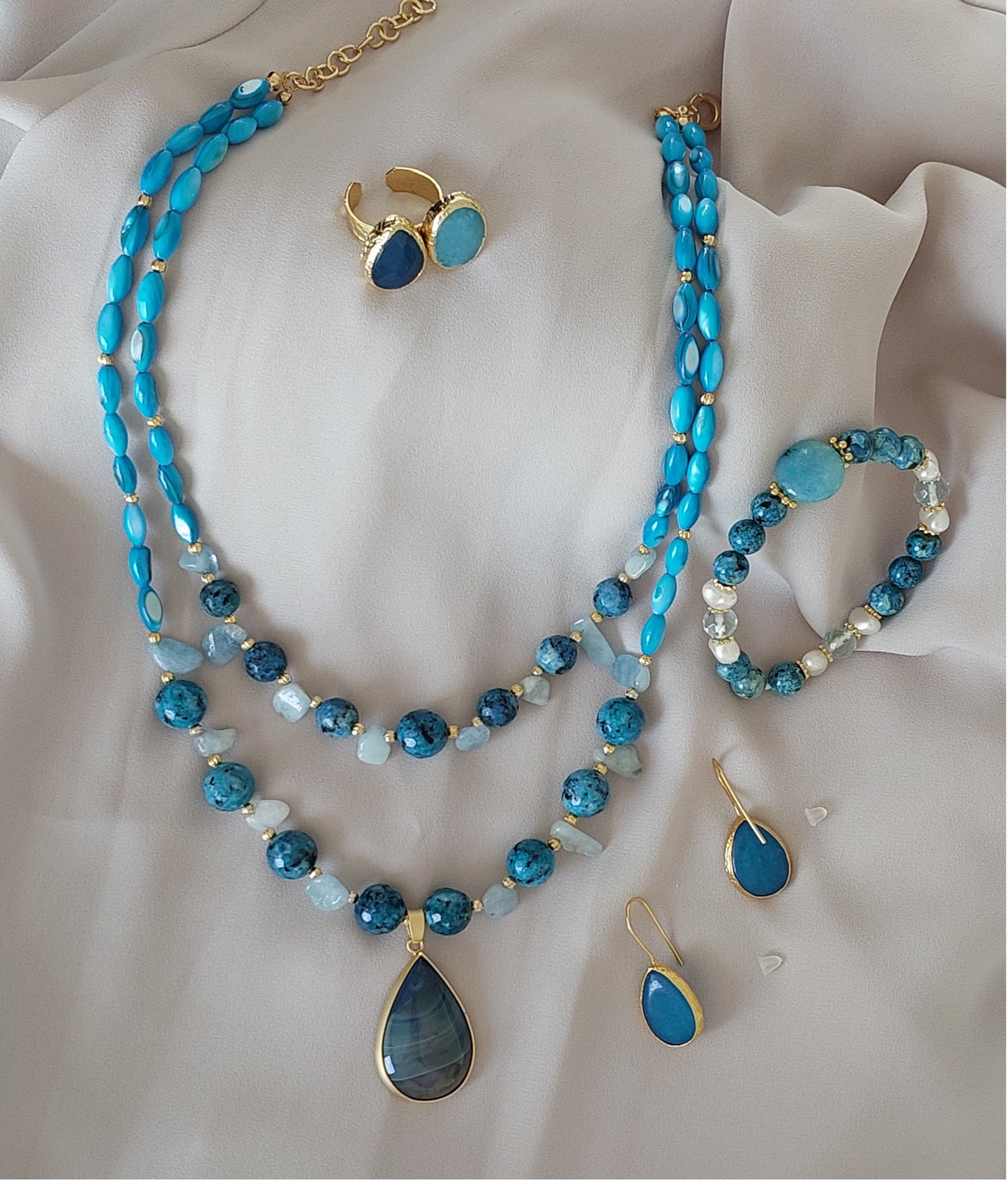 Jewelry Set Double layer Necklace Bracelet Ring Earrings Handmade Gemstones Blue Apatite Stones Great for Gifts 4 pieces