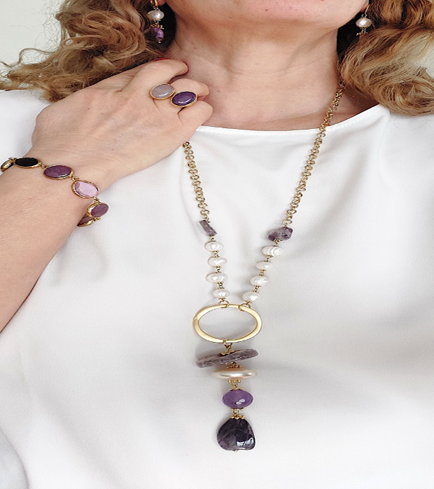 Jewelry Set Necklace Earrings Ring Bracelet Handmade Gemstones Amethyst Sugilite Pendant Purple Quartz Pearl 4 pieces Great Gift for Woman