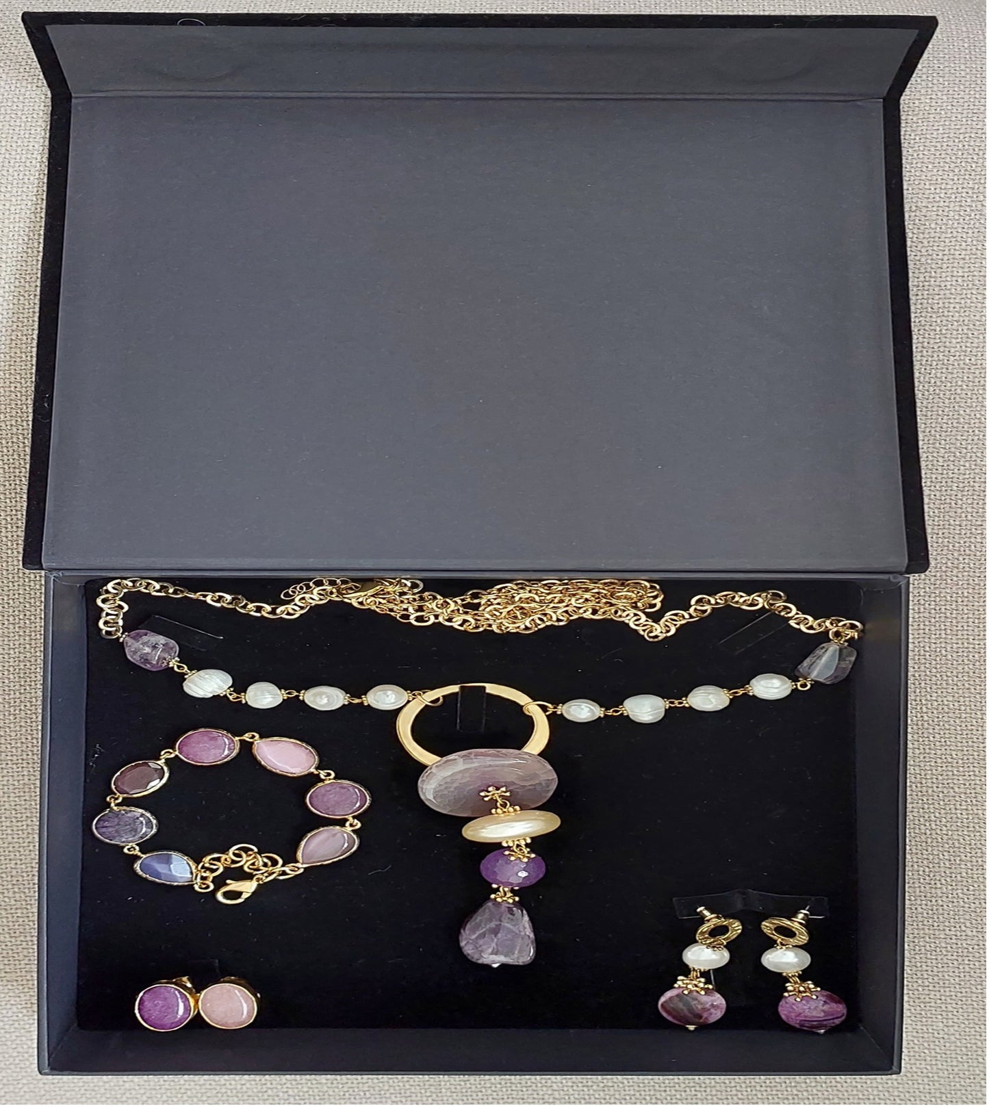 Jewelry Set Necklace Earrings Ring Bracelet Handmade Gemstones Amethyst Sugilite Pendant Purple Quartz Pearl 4 pieces Great Gift for Woman