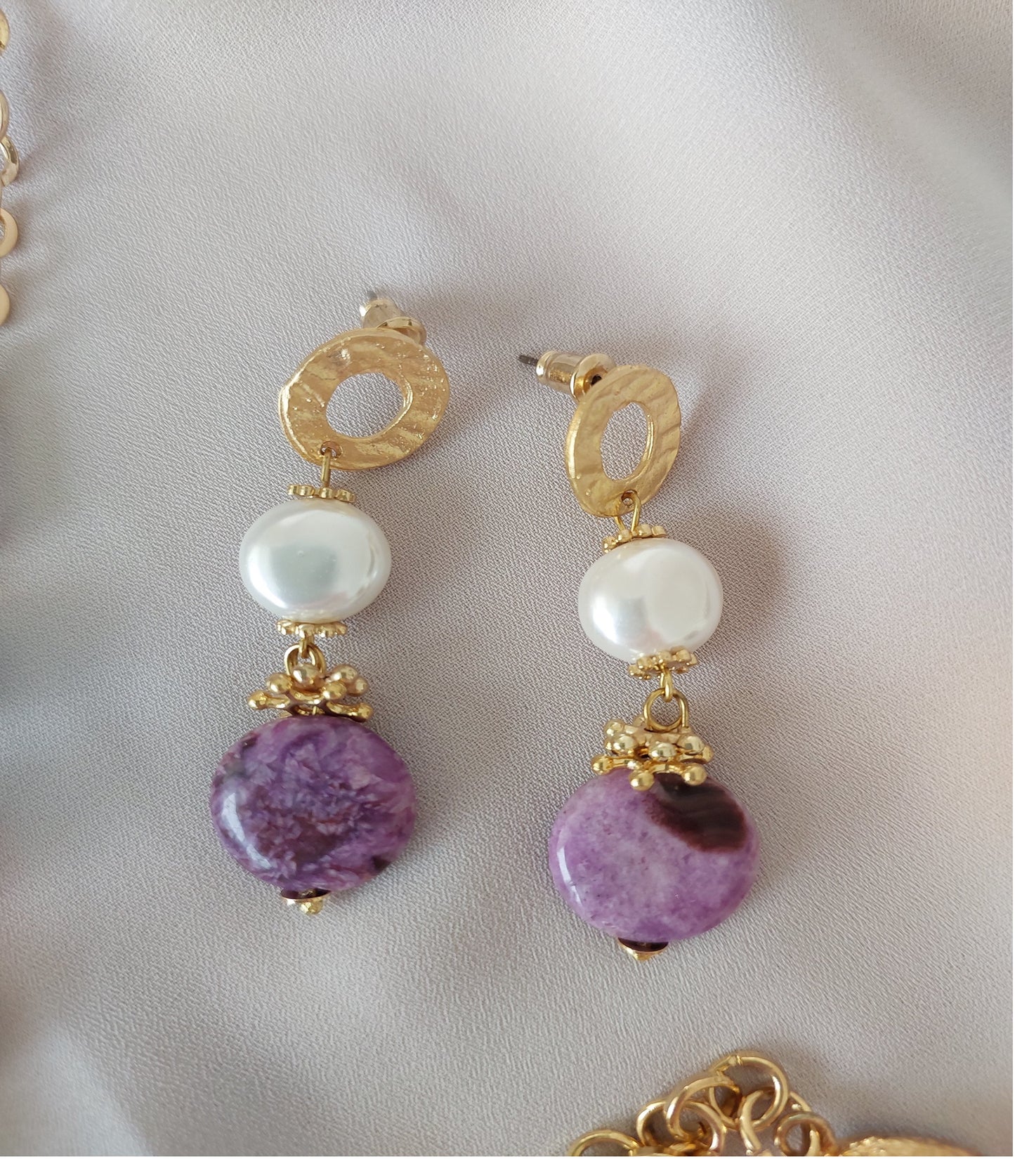 Jewelry Set Necklace Earrings Ring Bracelet Handmade Gemstones Amethyst Sugilite Pendant Purple Quartz Pearl 4 pieces Great Gift for Woman