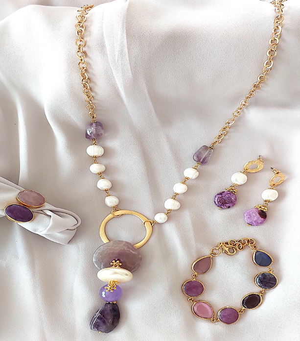 Jewelry Set Necklace Earrings Ring Bracelet Handmade Gemstones Amethyst Sugilite Pendant Purple Quartz Pearl 4 pieces Great Gift for Woman