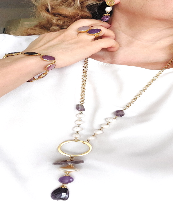 Jewelry Set Necklace Earrings Ring Bracelet Handmade Gemstones Amethyst Sugilite Pendant Purple Quartz Pearl 4 pieces Great Gift for Woman
