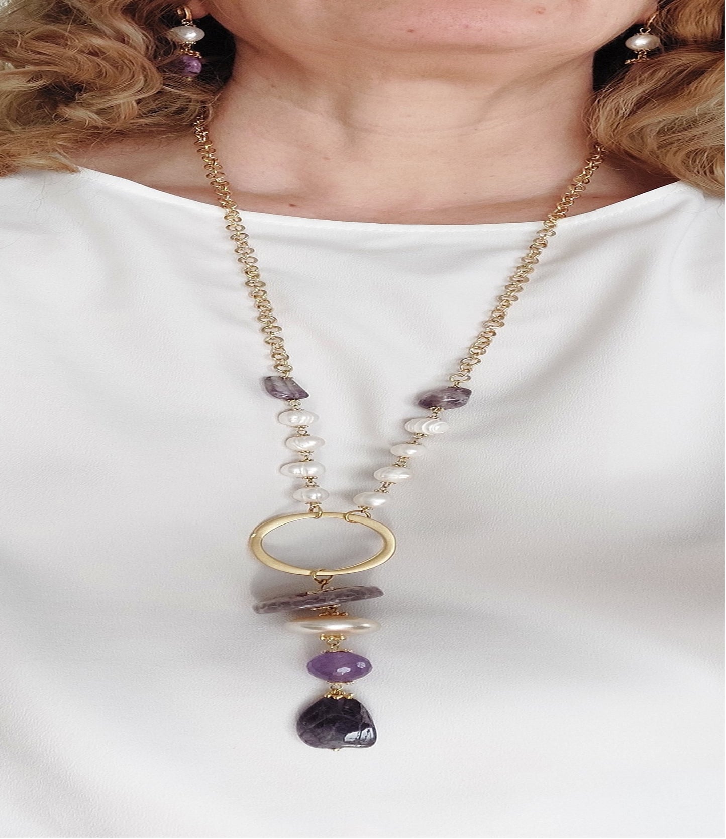 Jewelry Set Necklace Earrings Ring Bracelet Handmade Gemstones Amethyst Sugilite Pendant Purple Quartz Pearl 4 pieces Great Gift for Woman