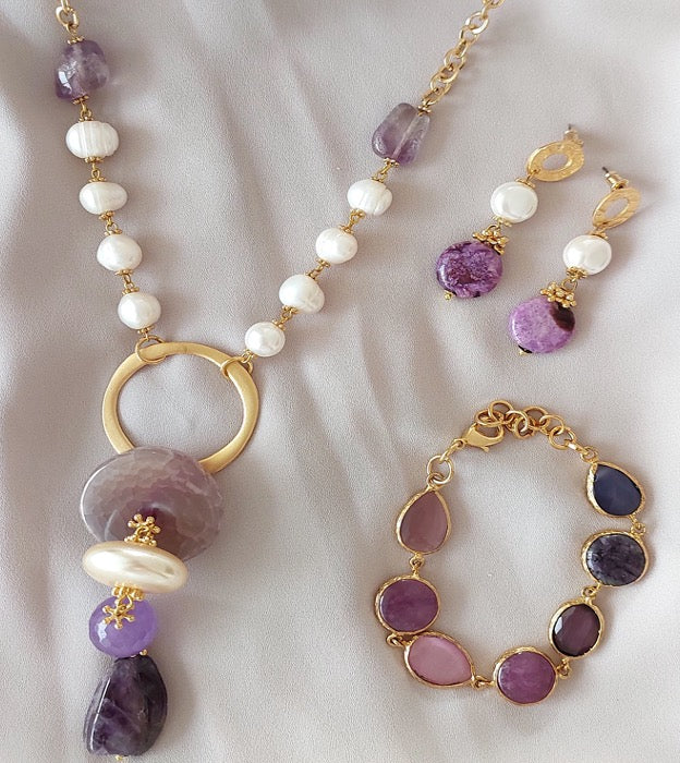Jewelry Set Necklace Earrings Ring Bracelet Handmade Gemstones Amethyst Sugilite Pendant Purple Quartz Pearl 4 pieces Great Gift for Woman
