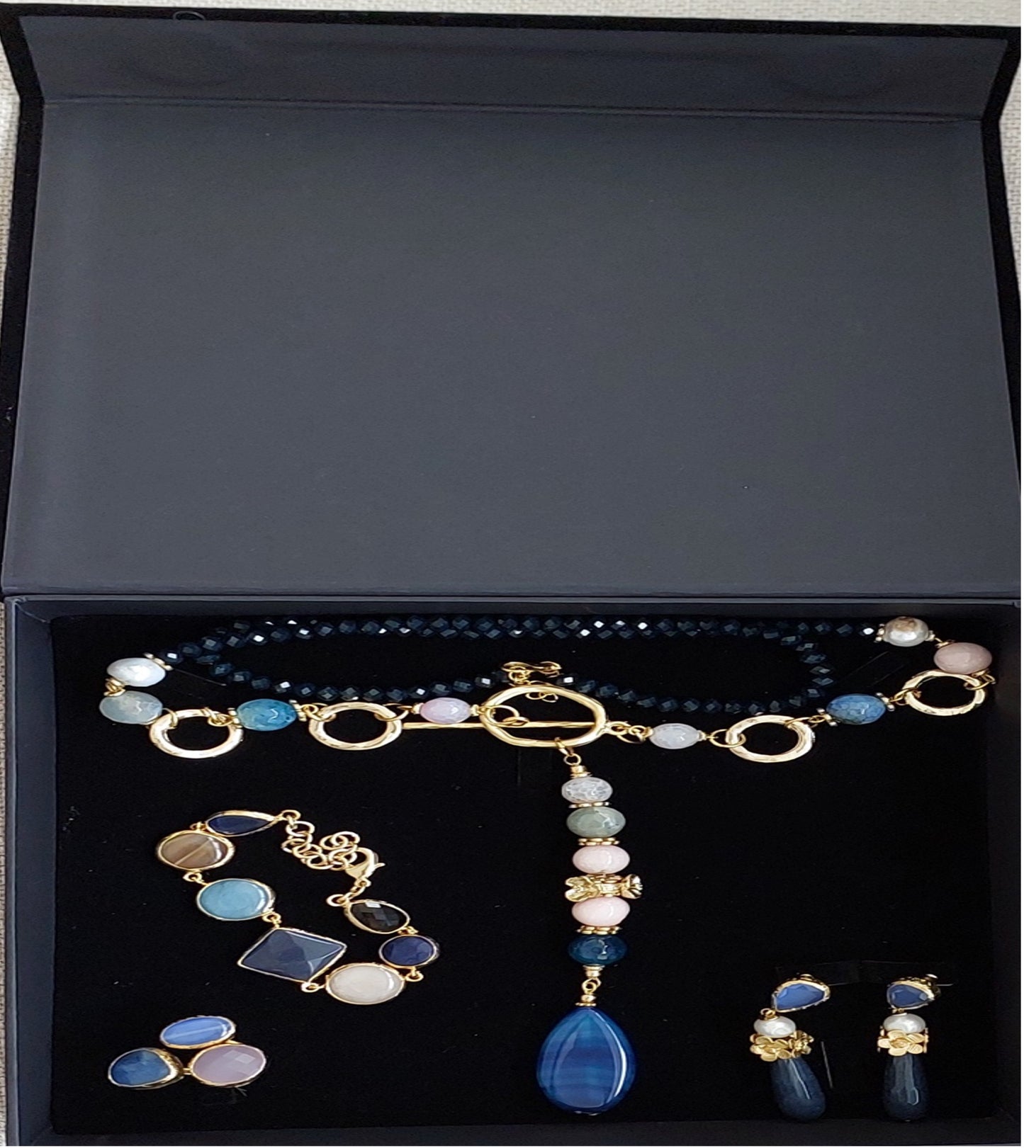 Schmuckset Halskette Armband Ring 3 Stück Handgemachte Edelsteine ​​Blauer Sodalith Ideal für Geschenke