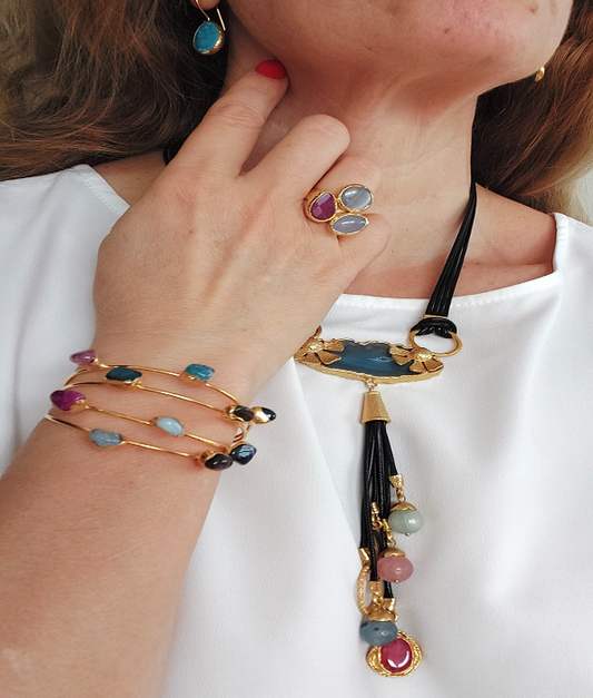 Jewelry Set Necklace Earrings Ring Bracelet Handmade Gemstones Blue Agate with Turquoise and Multicolor Stones Great Gift for Woman 4 pieces