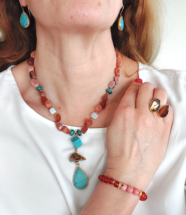 Conjunto de Joyas Collar Pendientes Anillo 3 Piezas Piedras Preciosas Hechas a Mano Rosa Rojo Jaspe Turquesa Gran Regalo para Mujer