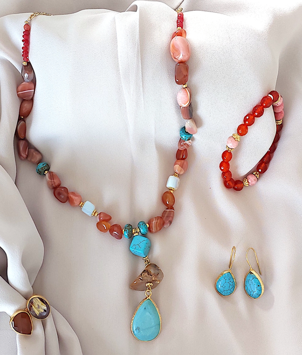 Conjunto de Joyas Collar Pendientes Anillo 3 Piezas Piedras Preciosas Hechas a Mano Rosa Rojo Jaspe Turquesa Gran Regalo para Mujer