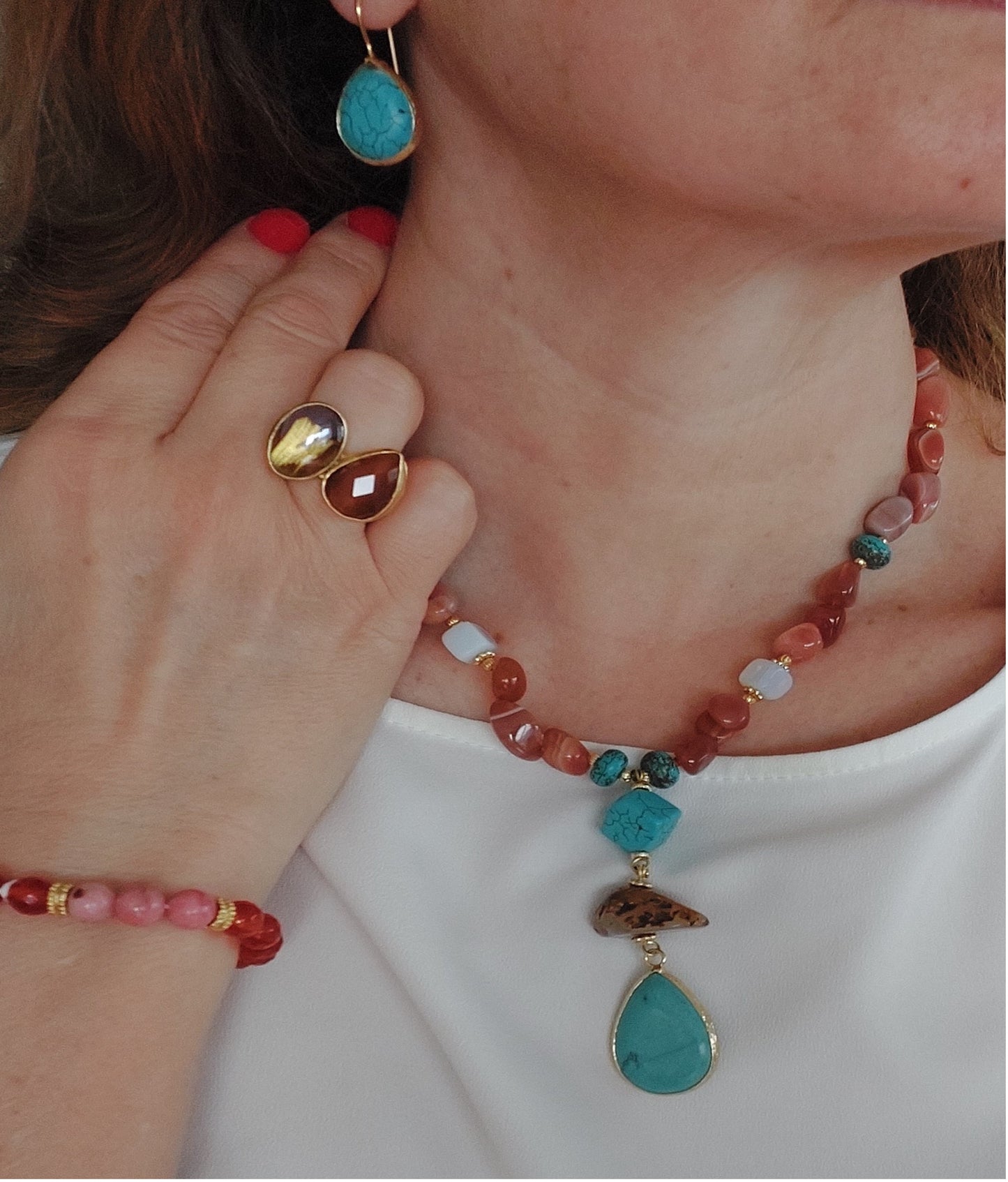 Conjunto de Joyas Collar Pendientes Anillo 3 Piezas Piedras Preciosas Hechas a Mano Rosa Rojo Jaspe Turquesa Gran Regalo para Mujer