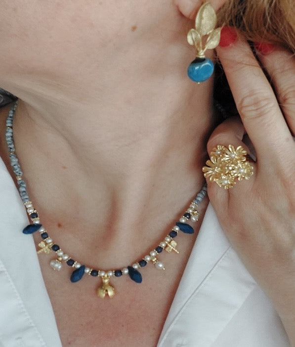 Schmuckset Halskette Ohrringe 2 Stück handgefertigte Edelsteine ​​Türkis Amazonit Blau Perlen Gold Anhänger Tolles Geschenk für die Frau