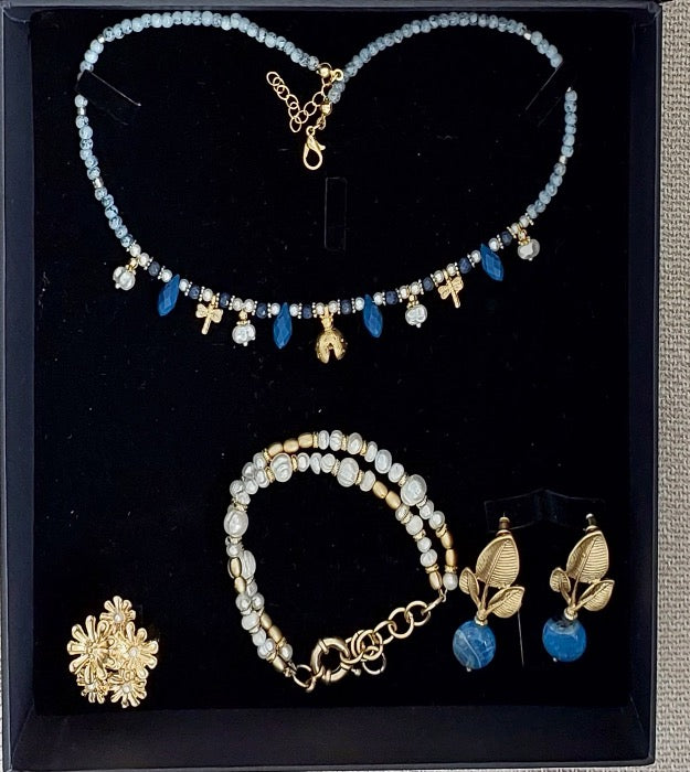 Schmuckset Halskette Ohrringe 2 Stück handgefertigte Edelsteine ​​Türkis Amazonit Blau Perlen Gold Anhänger Tolles Geschenk für die Frau