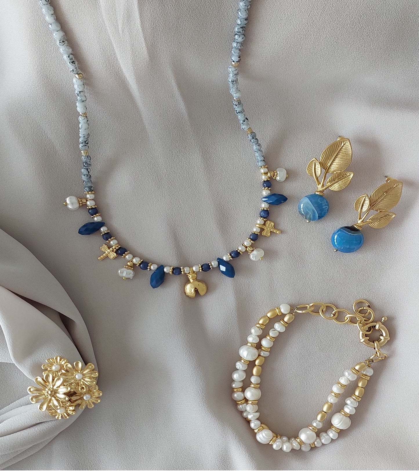 Schmuckset Halskette Ohrringe 2 Stück handgefertigte Edelsteine ​​Türkis Amazonit Blau Perlen Gold Anhänger Tolles Geschenk für die Frau
