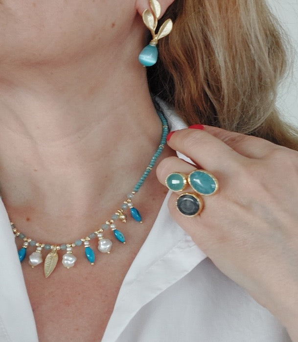 Schmuckset Halskette und Ring handgefertigte Edelsteine ​​Grüner Achat Malachit Tolles Geschenk für die Frau