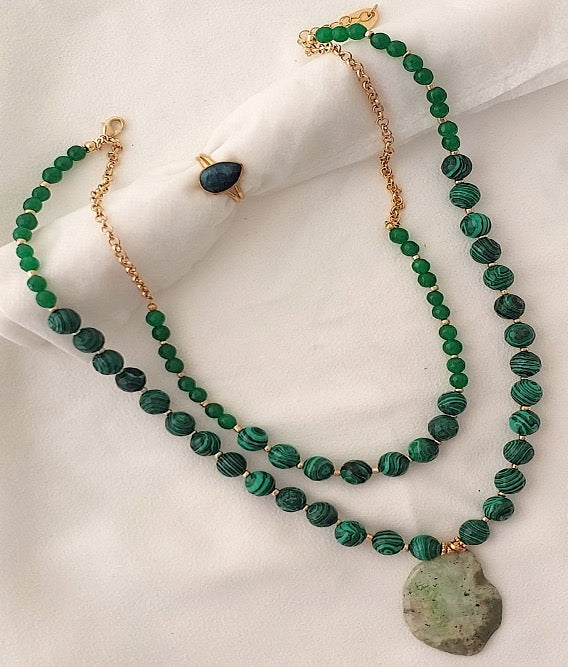Jewelry Set Necklace and Ring handmade Gemstones Green Agate Malachite Great Gift for Woman
