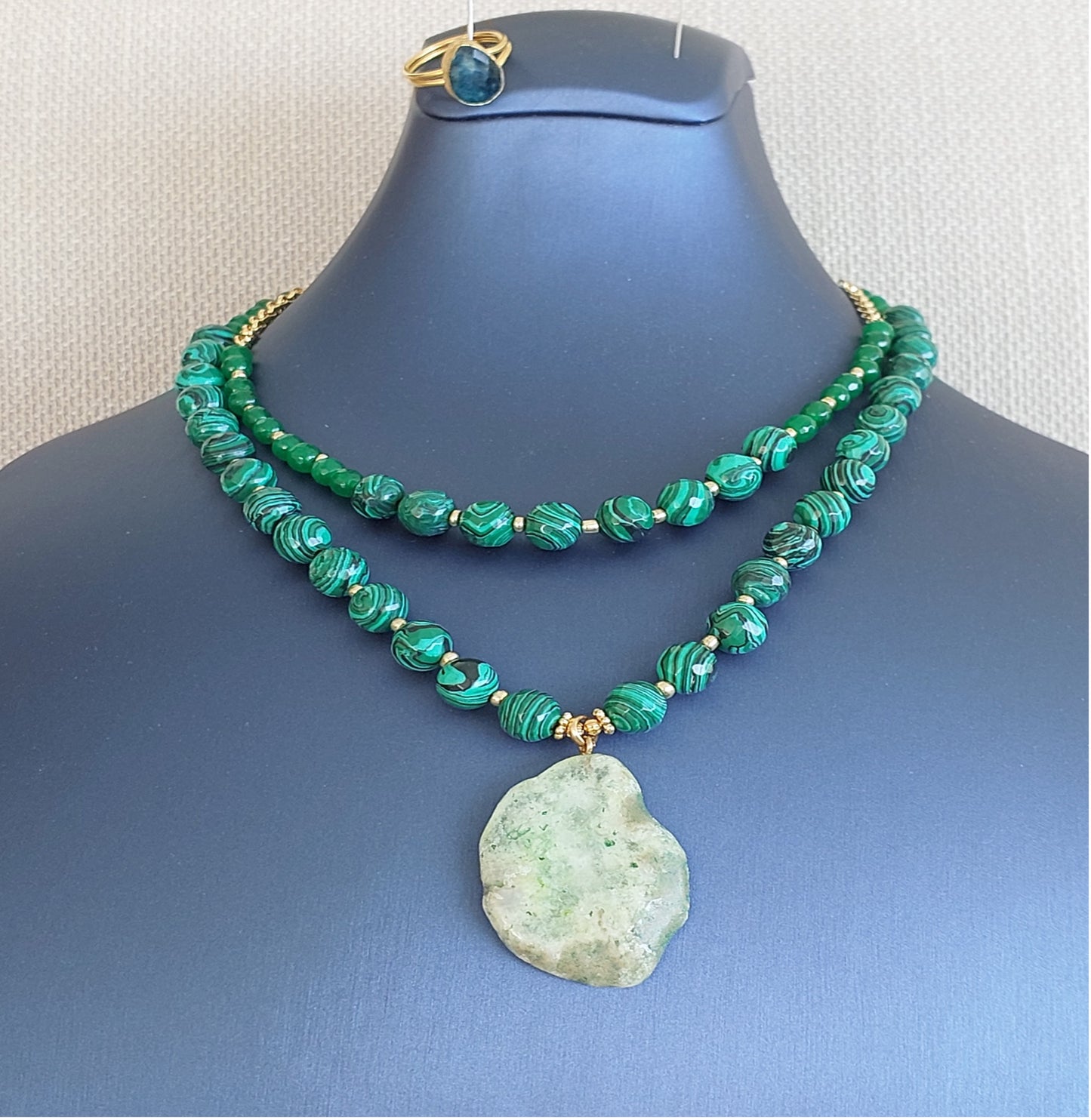 Jewelry Set Necklace and Ring handmade Gemstones Green Agate Malachite Great Gift for Woman