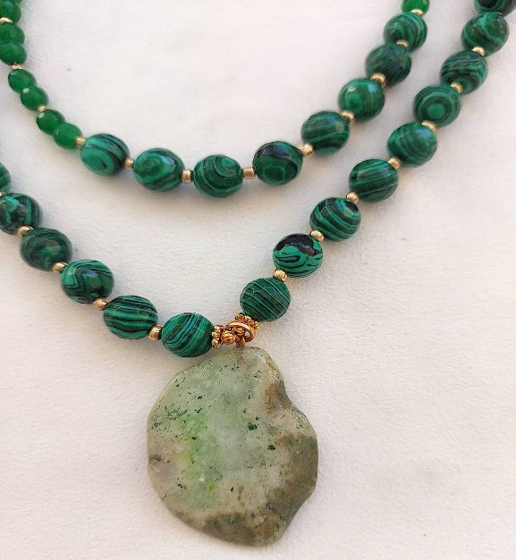 Jewelry Set Necklace and Ring handmade Gemstones Green Agate Malachite Great Gift for Woman
