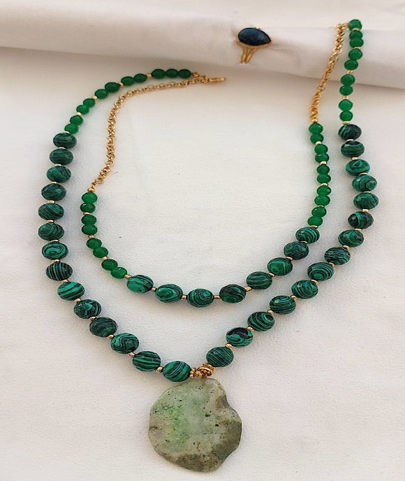 Jewelry Set Necklace and Ring handmade Gemstones Green Agate Malachite Great Gift for Woman