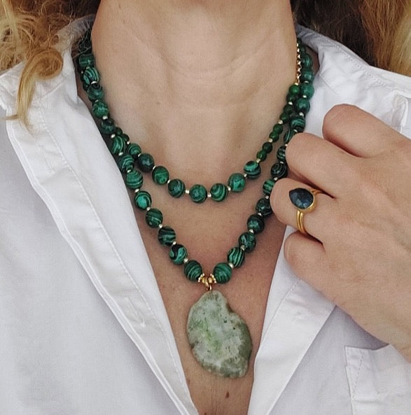 Jewelry Set Necklace and Ring handmade Gemstones Green Agate Malachite Great Gift for Woman