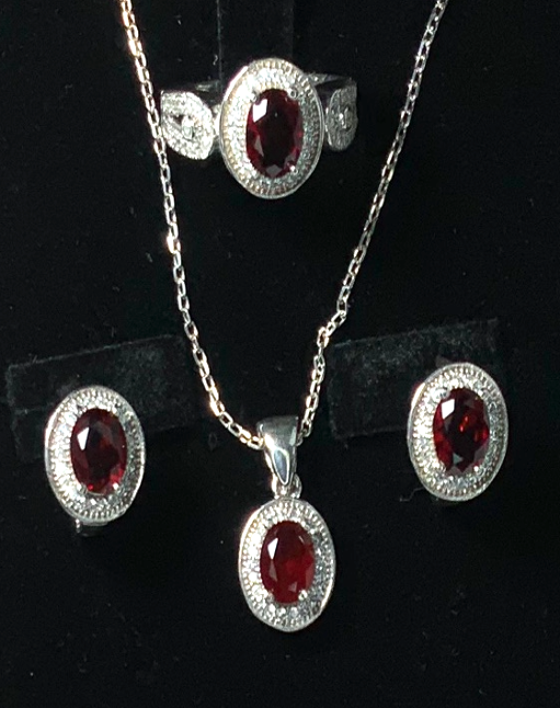 Jewelry Set Ruby Necklace Ring Earrings Silver S925 Red Color Zircon