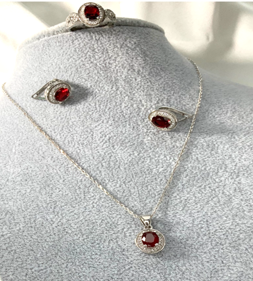 Jewelry Set Ruby Necklace Ring Earrings Silver S925 Red Color Zircon