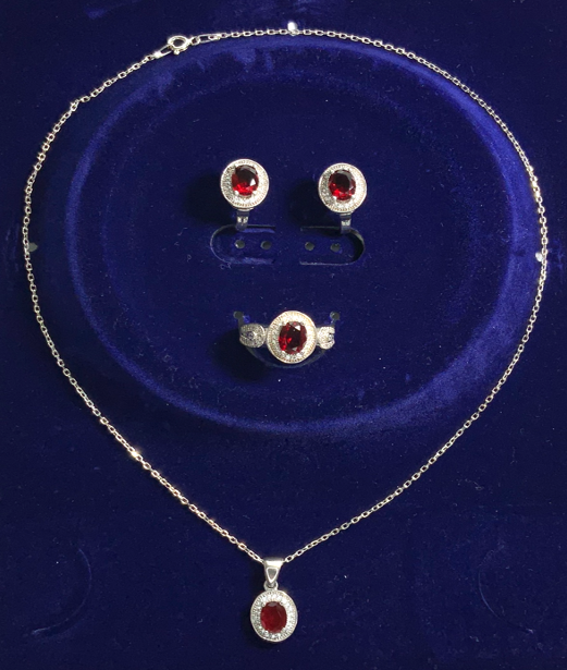Jewelry Set Ruby Necklace Ring Earrings Silver S925 Red Color Zircon