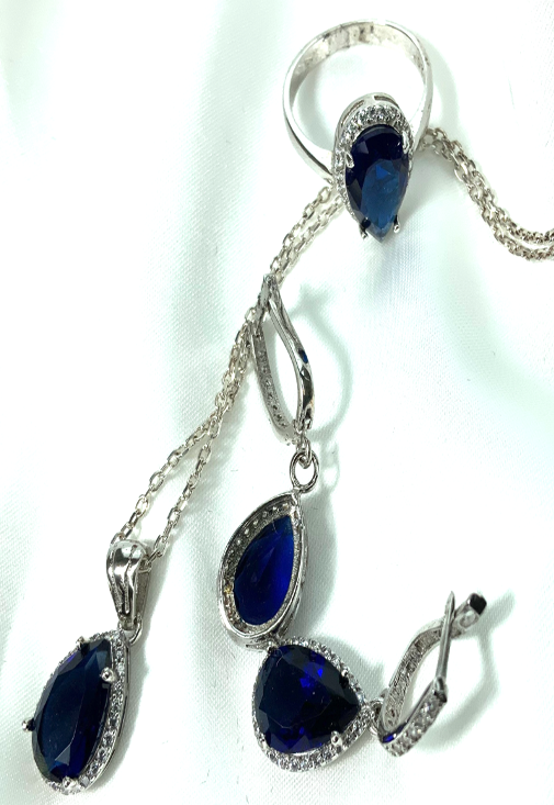 Jewelry Set Sapphire Blue Necklace Ring Earrings Silver S925 Zircon