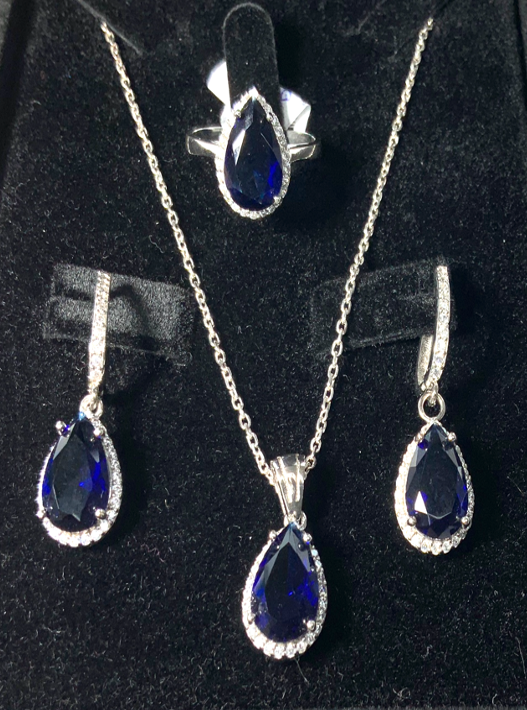 Ring S925 Silber Collier Linas – Schmuckset Saphir Blau Collection Zirkon Ohrringe