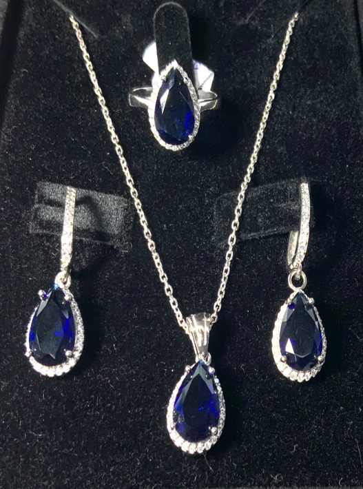 Jewelry Set Sapphire Blue Necklace Ring Earrings Silver S925 Zircon