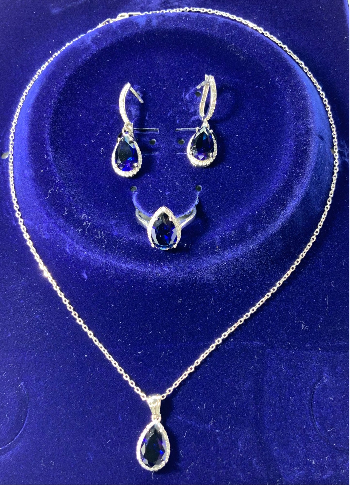 Jewelry Set Sapphire Blue Necklace Ring Earrings Silver S925 Zircon