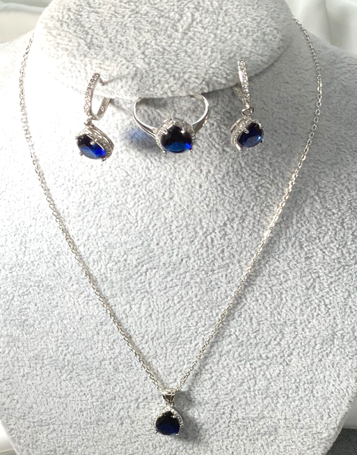 Jewelry Set Sapphire Blue Necklace Ring Earrings Silver S925 Zircon