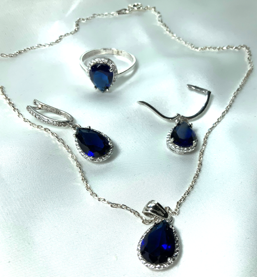 Jewelry Set Sapphire Blue Necklace Ring Earrings Silver S925 Zircon